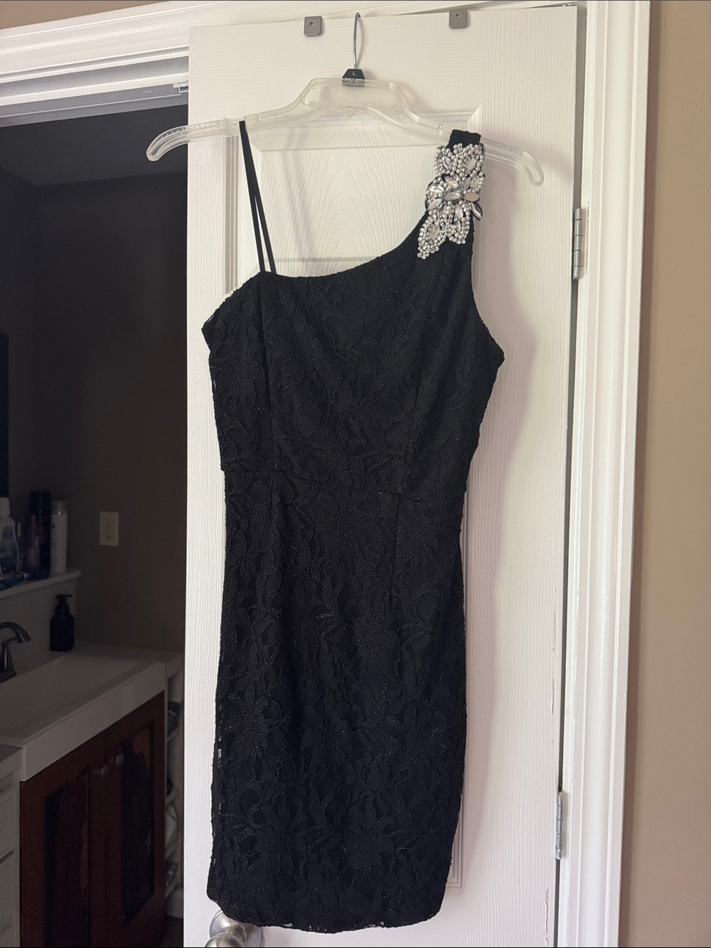 City Triangles Black One-Shoulder Lace Dress with Crystal Shoulder Accent
